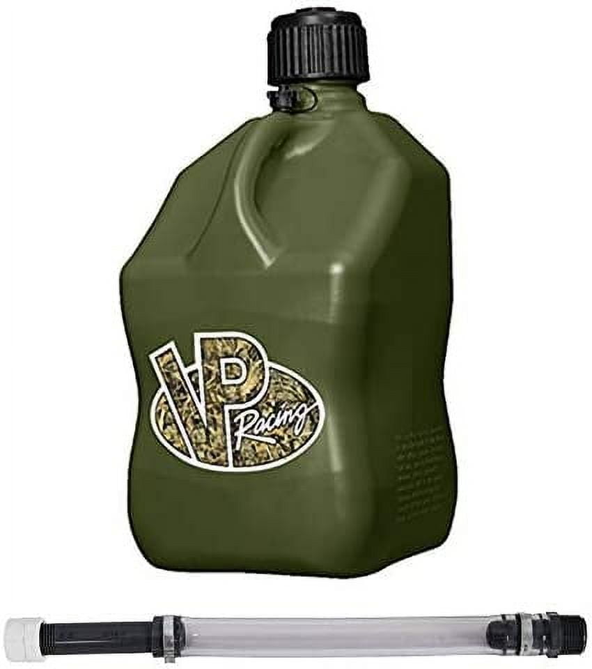 VP Racing Fuels 5 Gallon Square Motorsport Utility Container Camo w/ 14 Inch Deluxe Filler Hose Close-Trimmed Cap and Neck for Tight Seal