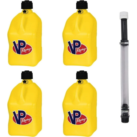 VP Racing Fuels 5-Gallon Square Motorsport Utility Container Yellow w/ 14" Standard Hose 4 Pack Close-Trimmed Cap and Neck for Tight Seal