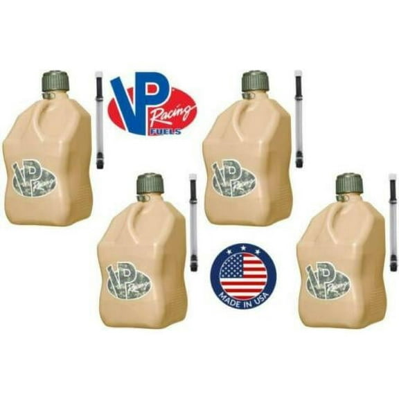 VP Racing 4042-CA, 5.5-Gallon Square Motorsport Jug Tactical Tan w/ 14" Deluxe Filter Hose Close-Trimmed Cap and Neck for Tight Seal - (4 Pack)