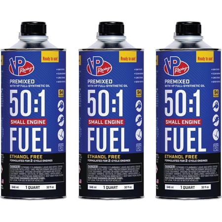 3-pack VP Racing Fuels 50:1 SEF 2 Cycle Pre-Mixed Gas + Oil Fuel, Ready to Use, 3 Pack 1 Quart Bottles — Residential Use, Standard Application