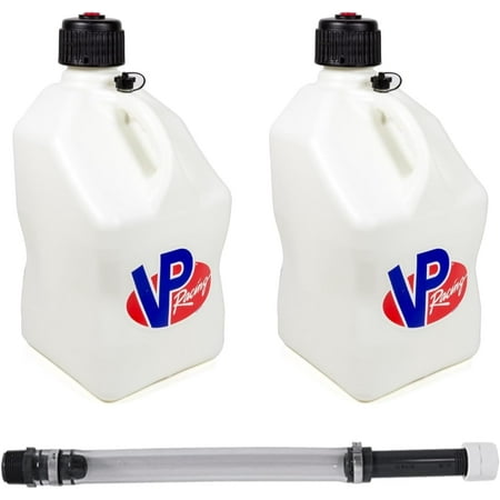 VP Racing 3522-CA 5.5-Gallon Square Motorsport Jug, White (2 Pack) w/14 Inch Deluxe Filter Hose (1 Pack) Close -Trimmed Cap and Neck for Tight Seal