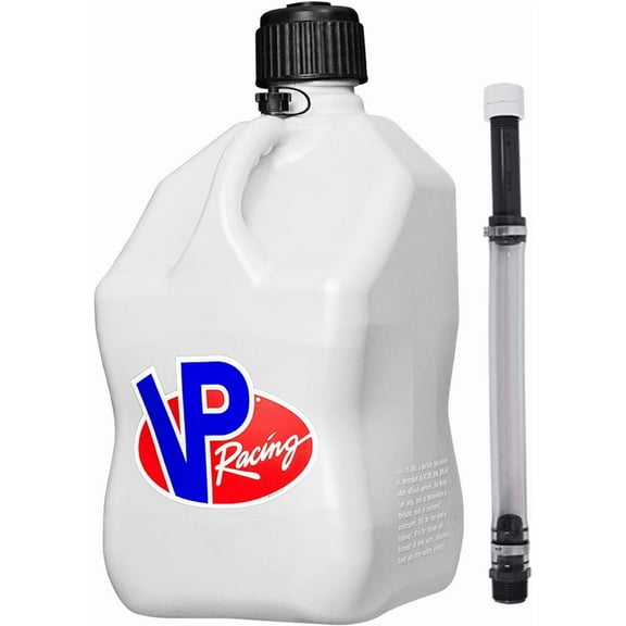 VP Racing 3522-CA 5.5-Gallon Square Motorsport Jug, White w/14 Inch Standard Hose Close-Trimmed Cap and Neck for Tight Seal (1 Pack)