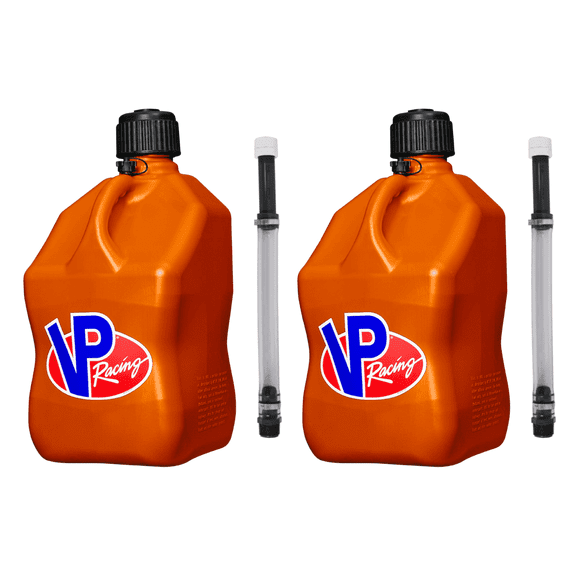 VP Racing 3572-CA, 5.5 Gallon Square Orange Motorsport Jug w/ 14 Inch Deluxe Filler Hose Close-Trimmed Cap and Neck for Tighter Seal (2 Pack)