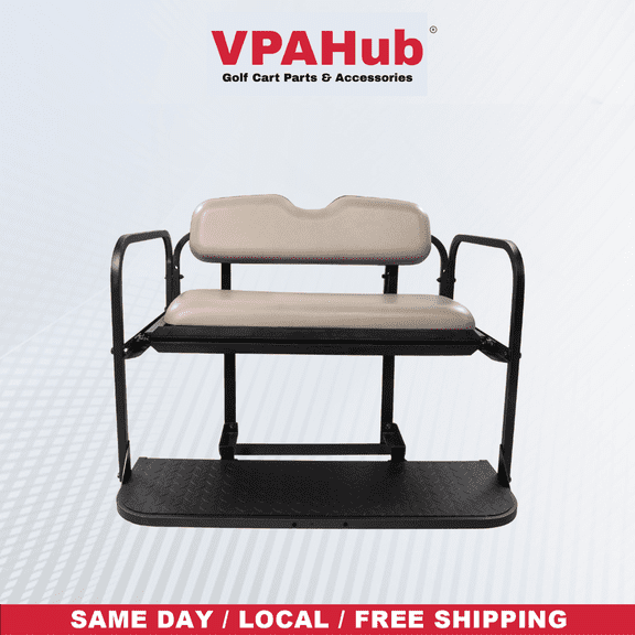VPAHub EZGO RXV Golf Cart Flip Folding Rear Seat Kit, Stone Beige Cushions, Black Powder-Coated Frame, Plastic Footrest, Cooler Box Cutout, Fit for both Pre-2015 and 2016+ Models