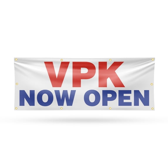 VPK Now Open Banner Sign 36 Inch x 96 Inch | 13 oz Vinyl with Metal Grommets | Heavy-Duty Single-Sided Outdoor Durable Printed High-Quality Weatherproof | Made in the USA