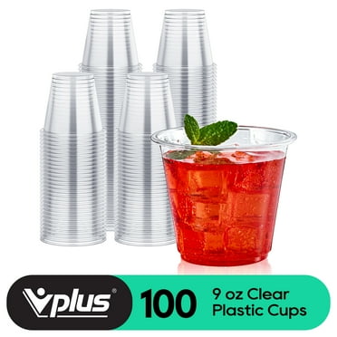 VPLUS 100 Pack 9oz Clear Plastic Cups, Disposable Crystal Drinking Cups, PET Plastic Party Cups for Wine, Juice,Iced Coffee and Cold Drinks