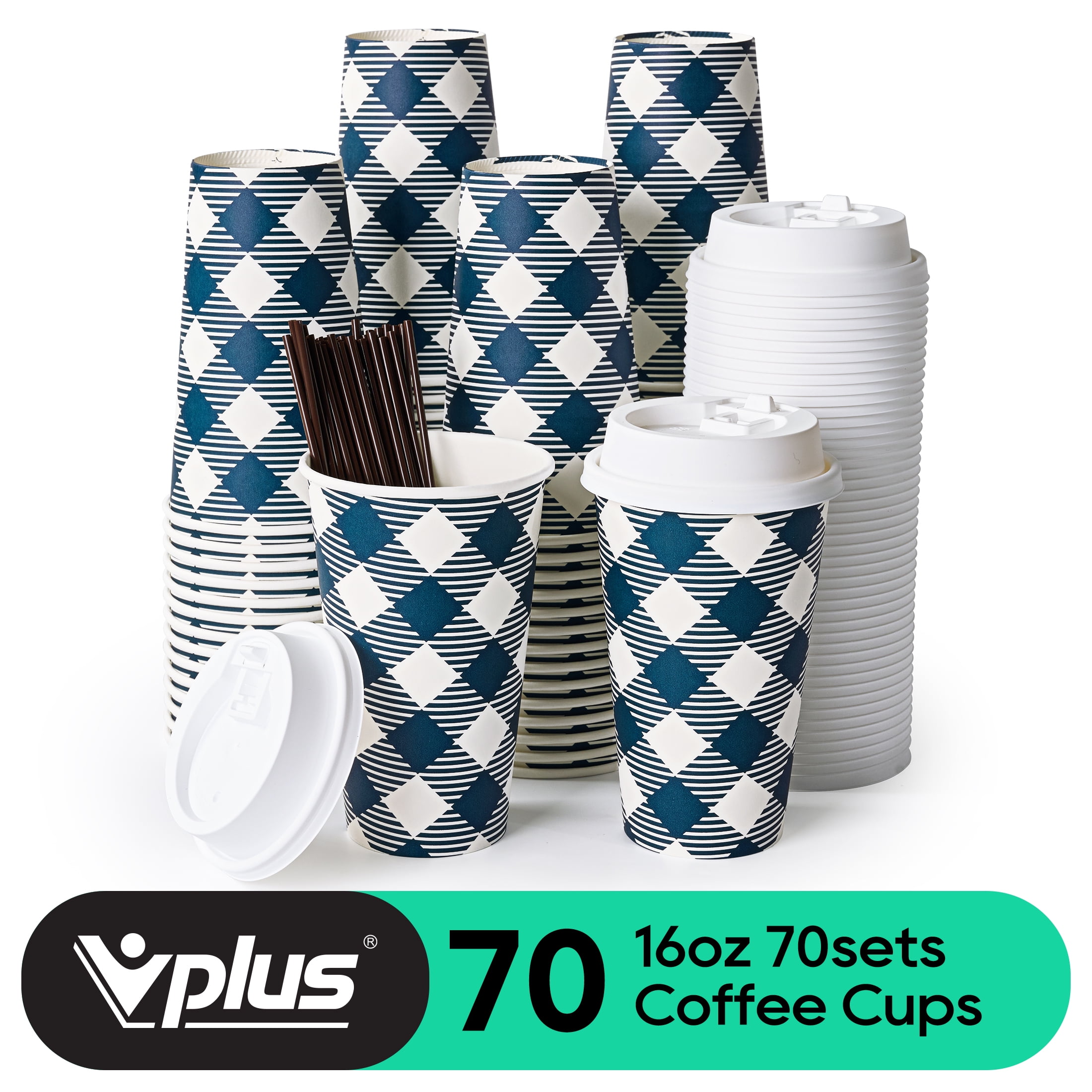 VPLUS 70 Pack 16 oz Paper Coffee Cups, Disposable Paper Cups with Lids ...