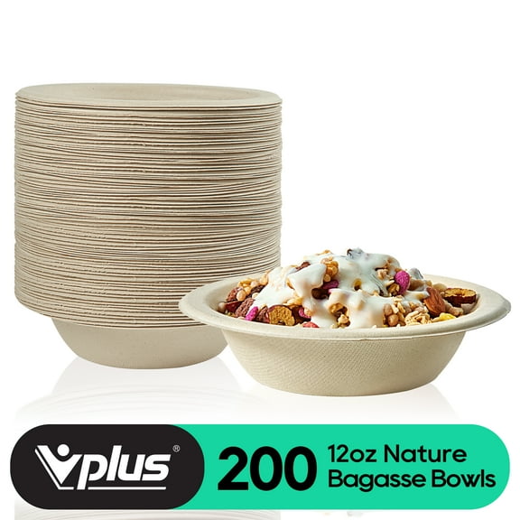 VPLUS Compostable Disposable Paper Bowls, Nature ,12 oz, 200 Pack