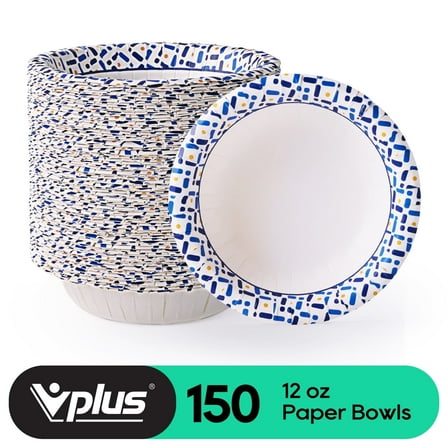 VPLUS Disposable Paper Bowls, 12 Oz 150 Count, Microwave Safe, Soak Proof, Heavy Duty Flower Printed Paper Bowls for Dinner or Lunch