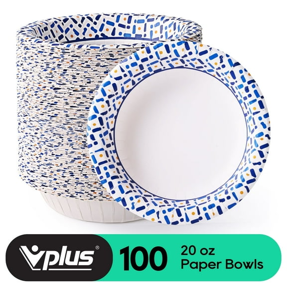 VPLUS Disposable Paper Bowls, 20 Oz 100 Count, Microwave Safe, Soak Proof, Heavy Duty Flower Printed Paper Bowls for Dinner or Lunch