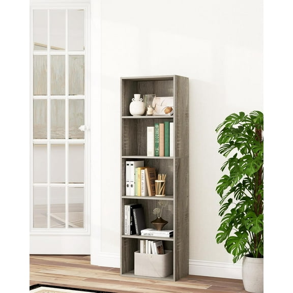 VPSMAT 5-Tier Narrow Bookshelf for Small Spaces, Vertical Wood Bookcase and Storage Organizer for Bedroom, Living Room, or Home Office, Grey Oak Finish
