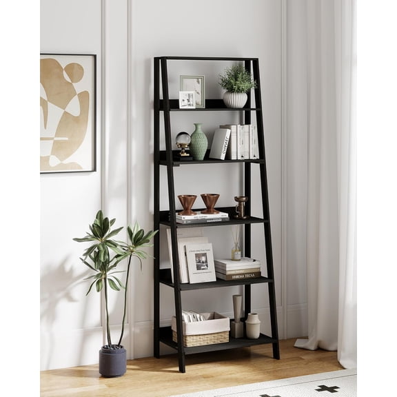 VPSMAT 6-Tier Ladder Shelf, Wooden Bookshelf Bookcase, Freestanding Corner Storage Shelves for Living Room, Kitchen, Bedroom, Balcony, Black