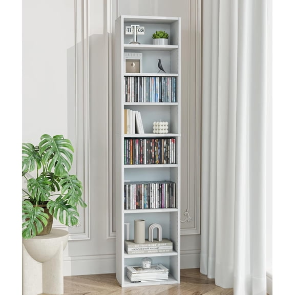 VPSMAT DVD Tower Storage Rack, 8-Tier CD Cabinet with Adjustable Shelves Slim DVD Stand Tower for CD Holder, Books, Games, White