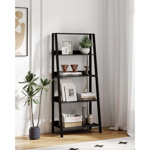 VPSMAT Ladder Shelf, 5-Tier Bookshelf, Freestanding Display Stand, Storage Open Shelves for Living Room, Kitchen, Bedroom, Balcony, Black