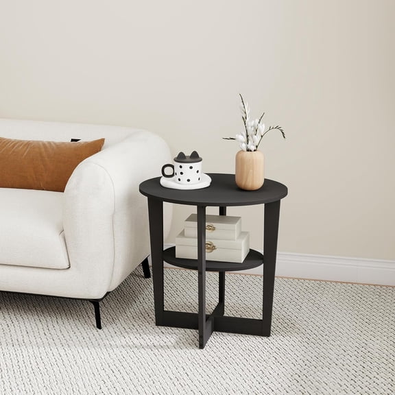 VPSMAT Living Room End Table, Small Side Table with 2-Tier Open Storage for Small Spaces, Apartment Home Office, Black