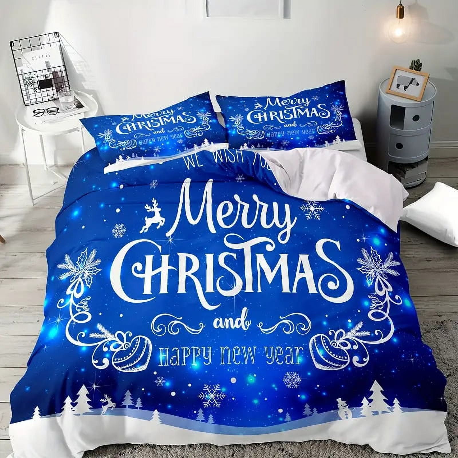 VPVIP Blue 3D Christmas Bedding Set Merry Christmas Quilt Set King