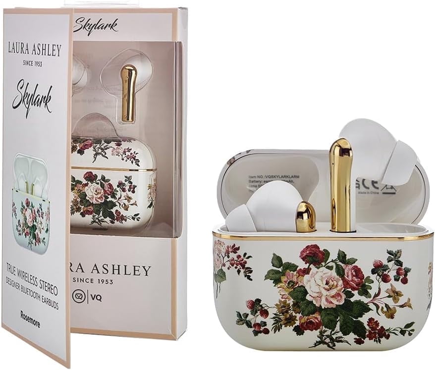 VQ Laura Ashley Skylark TWS Wireless Earbuds – Bluetooth 5.3 Earphones with Enhanced Noise Cancelling (ENC), 10-Hour Playtime & 45-Hour Charging Case – Rosemore