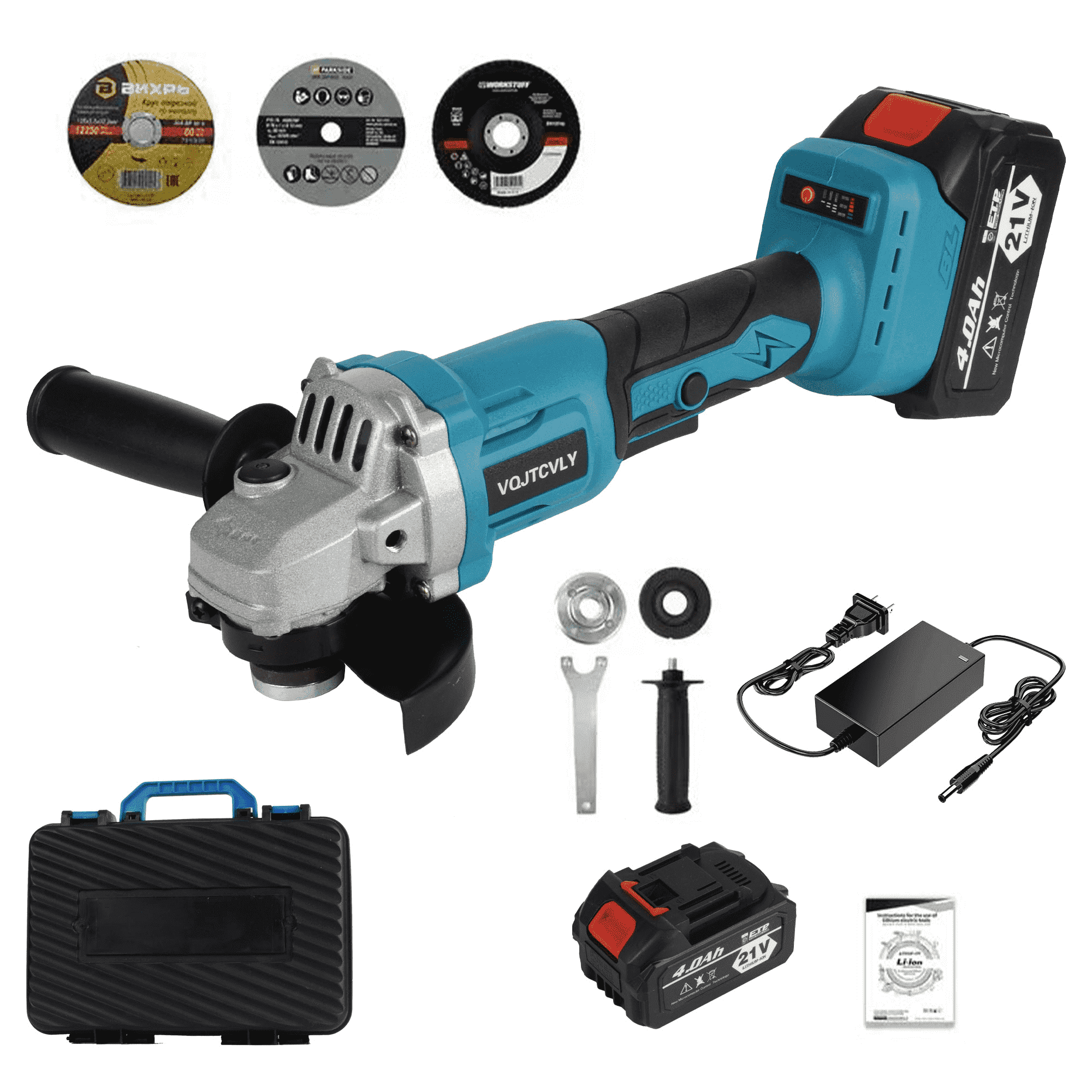 Euur 21V Cordless Angle Grinder, 4.0Ah Battery & 2A Fast Charger, 12000RPM Brushless Motor, Power Angle Grinder with Cutting & Grinding Wheels, Flap Discs for Wood Metal & Rust Removal