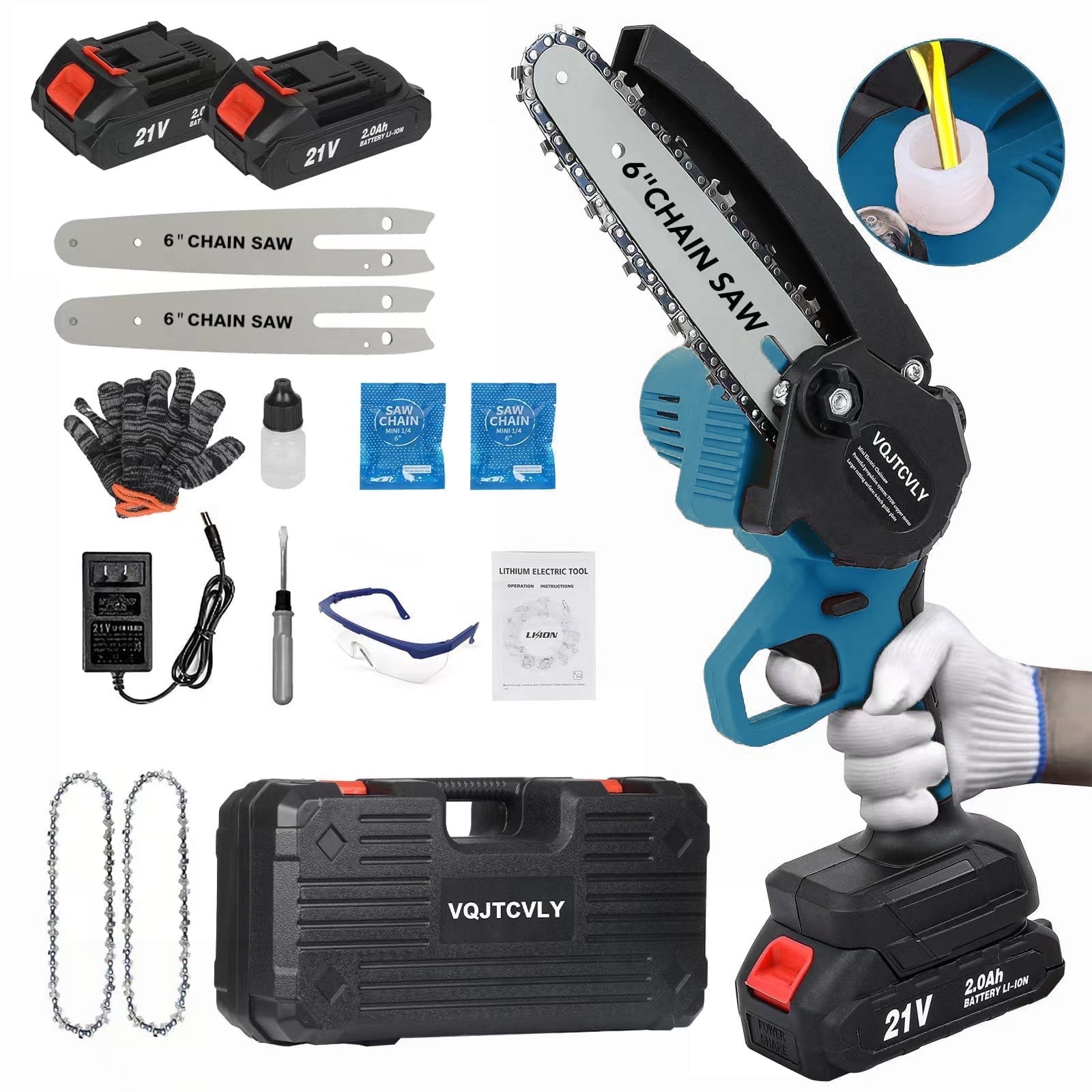 VQJTCVLY  6 inch Mini Chainsaw with 2x2000mAh Batteries and 2 Chains, Electric Cordless Chainsaw Set with Security Lock for Wood Cutting Tree Pruning Trimming, Blue