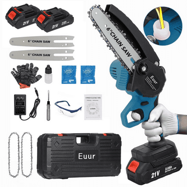 Euur 6 inch Mini Chainsaw with 2x2000mAh Batteries and 2 Chains, Electric Cordless Chainsaw Set with Security Lock for Wood Cutting Tree Pruning Trimming, Blue