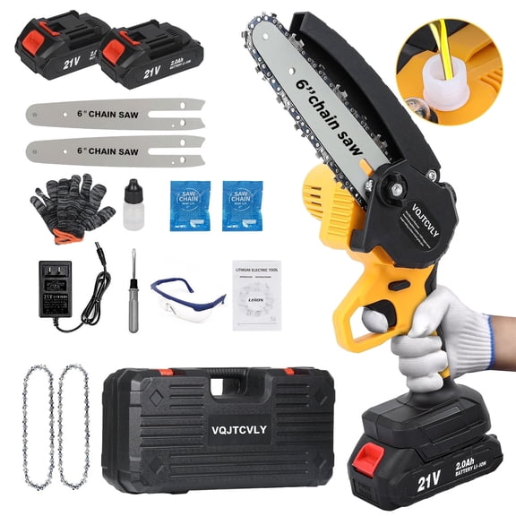 VQJTCVLY  6 inch Mini Chainsaw with 2x21V 2000mAh Batteries and 2 Chains, Electric Cordless Chainsaw Set with Security Lock for Wood Cutting Tree Pruning Trimming, Yellow