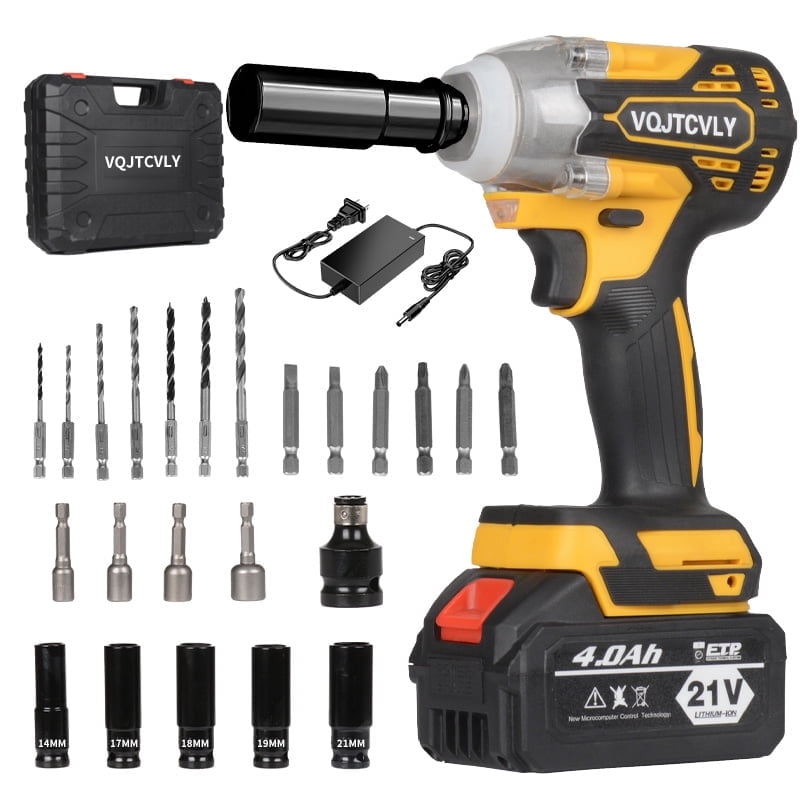 VQJTCVLY  Brushless impact driver, 21V Cordless impact wrench 1/2 Inch, 2 × 4.0Ah impact drill tool set, 5 Sockets, 7 Drill, 6 Screws for Car Home Truck Mower Father Dad Husband, Yellow