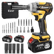 Euur Brushless impact driver, 21V Cordless impact wrench 1/2 Inch, 2 × 4.0Ah impact drill tool set, 5 Sockets, 7 Drill, 6 Screws for Car Home Truck Mower Father Dad Husband, Yellow