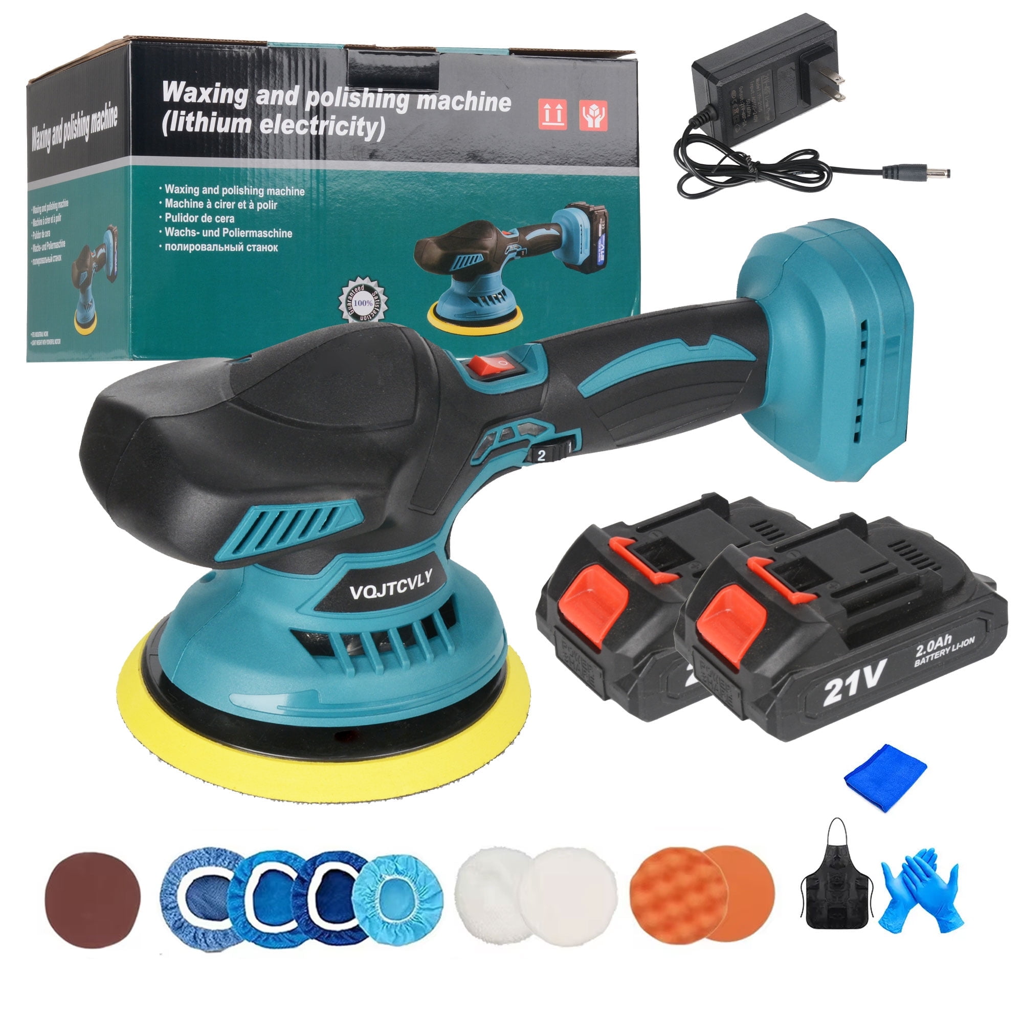 Walmart discounts of VQJTCVLY Cordless Car Buffer Polisher kit w/ 2x2000mAh 21V Batteries, 6 Inch Car buffer Waxer Kit w/ 6 Variable Speed Attachments, Polisher for Car Detailing,Boat Sanding,Scratch Removing