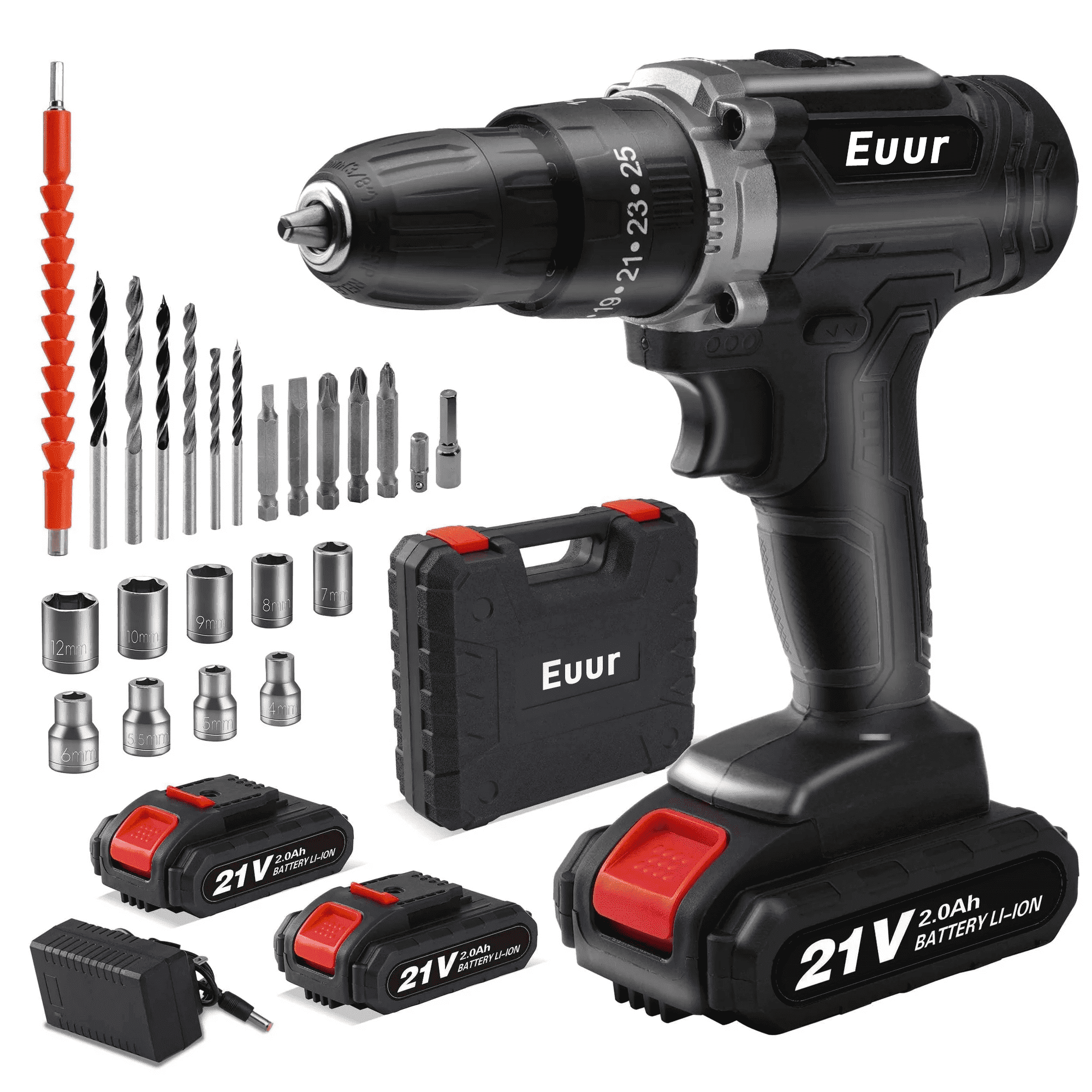Euur Cordless Drill, 21V Power Drill Set, 25+1 Position Adjustable Torque Electric Drill, 2-Speed Transmission For Screwdriving And Drilling, Black