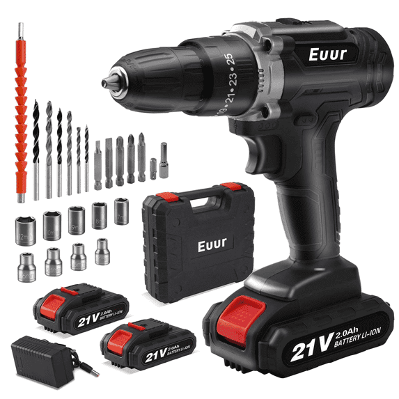 Euur Cordless Drill, 21V Power Drill Set, 25+1 Position Adjustable Torque Electric Drill, 2-Speed Transmission For Screwdriving And Drilling, Black