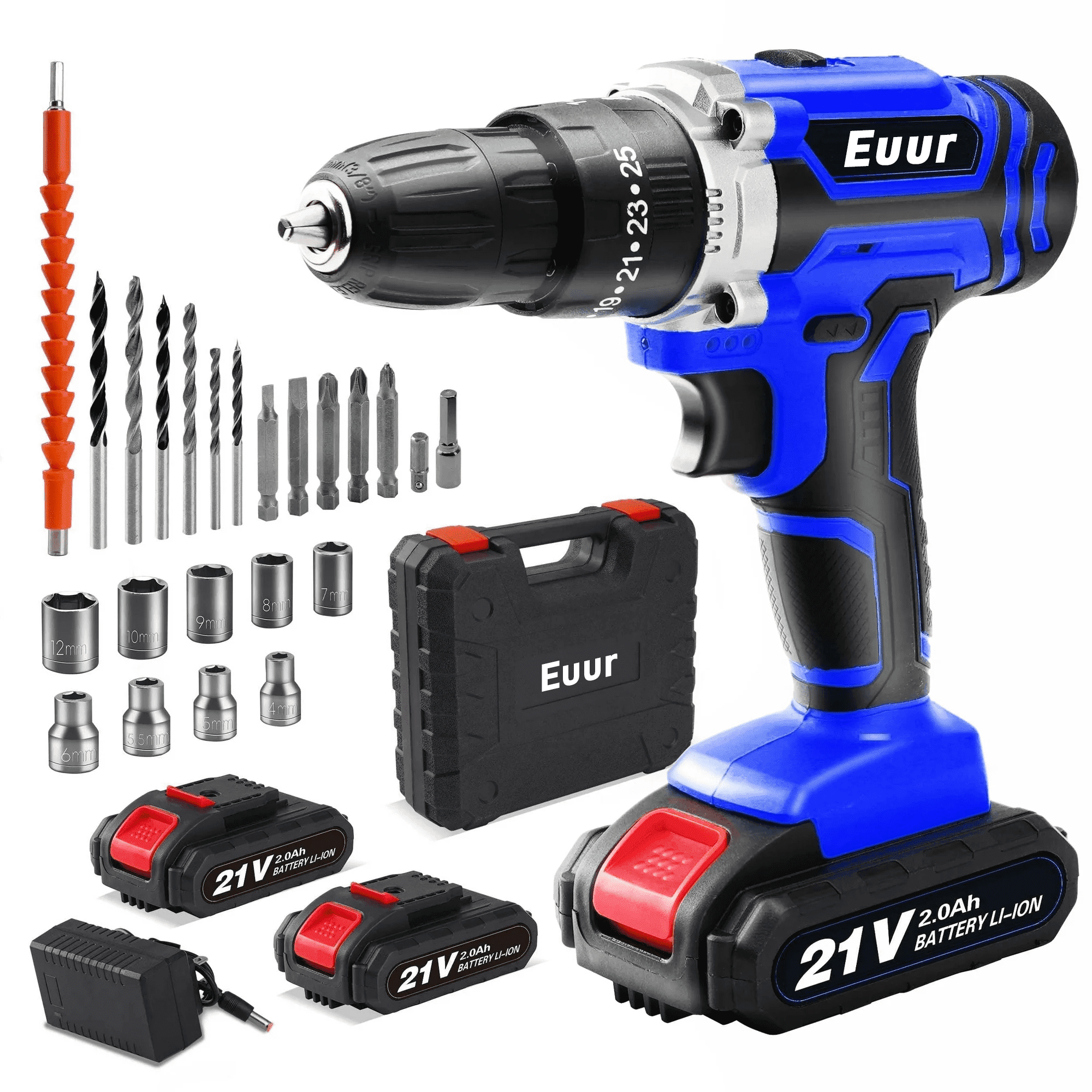 Euur Cordless Drill, 21V Power Drill Set with 2Ah Battery, 3/8