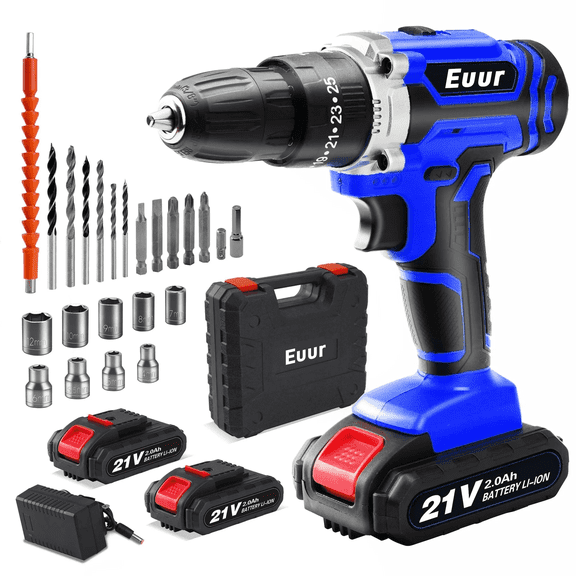 Euur Cordless Drill, 21V Power Drill Set, 25+1 Position Adjustable Torque Electric Drill, 2-Speed Transmission For Screwdriving And Drilling, Blue