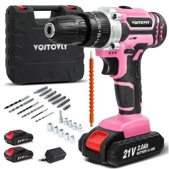 VQJTCVLY Cordless Drill, 21V Power Drill Set with 2Ah Battery, 3/8"Keyless Chuck, 25 1 Position Electric Drill, 2-Speed Transmission For Screwdriving And Drilling, Pink