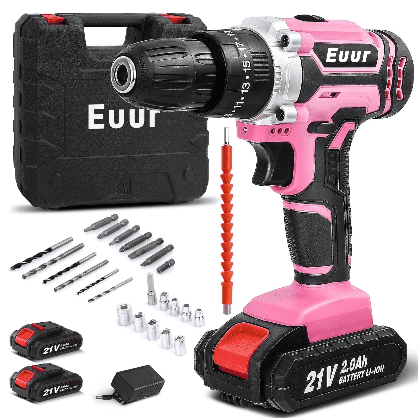 Euur Cordless Drill, 21V Power Drill Set with 2Ah Battery, 3/8"Keyless Chuck, 25+1 Position Electric Drill, 2-Speed Transmission For Screwdriving And Drilling, Pink