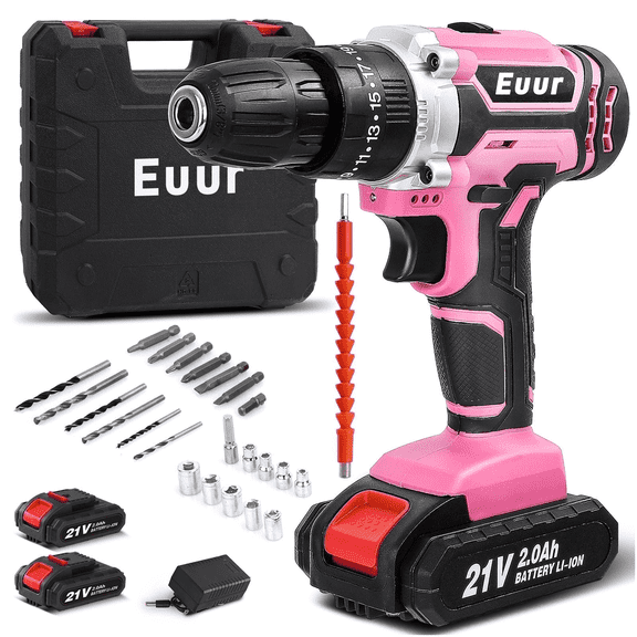 Euur Cordless Drill, 21V Power Drill Set with 2Ah Battery, 3/8"Keyless Chuck, 25+1 Position Electric Drill, 2-Speed Transmission For Screwdriving And Drilling, Pink