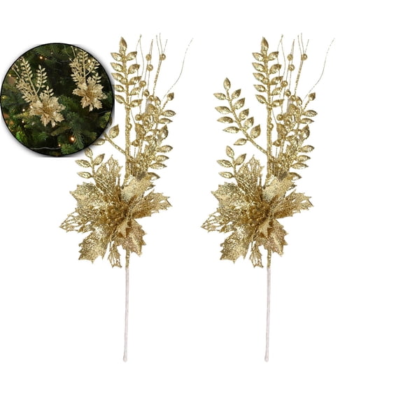 VQPeo 2 Pcs Plastic Simulated Christmas Flowers, Festive Tree Decor(Gold)