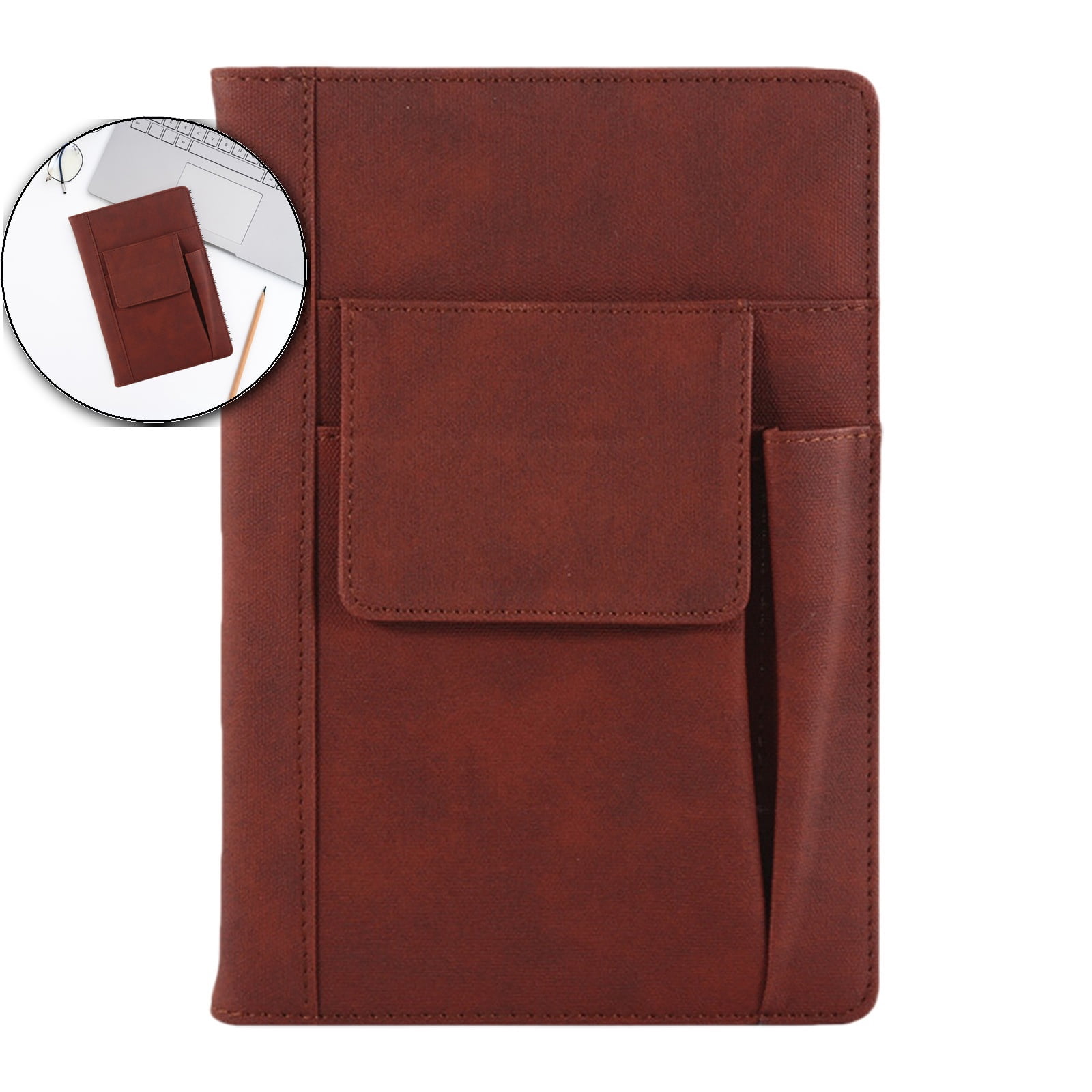 VQPeo A5 Faux Leather Notebook – Thick Paper Journal with Bookmark & 3 Inside Pockets, Wireless Binding Office Diary for Writing & Business