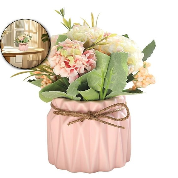VQPeo Artificial Hydrangea Bouquet with Small Vase Fake Silk Variety Flower Balls Flowers Decoration for Table Home Party Office Wedding