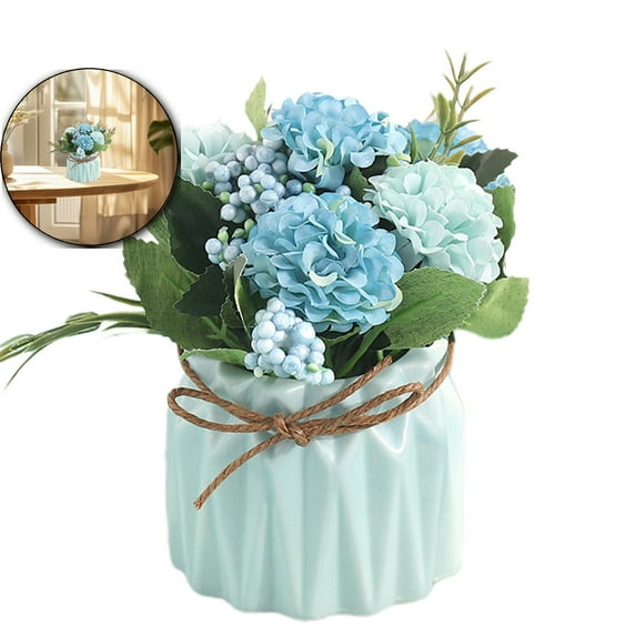VQPeo Artificial Hydrangea Bouquet with Small Vase Fake Silk Variety Flower Balls Flowers Decoration for Table Home Party Office Wedding