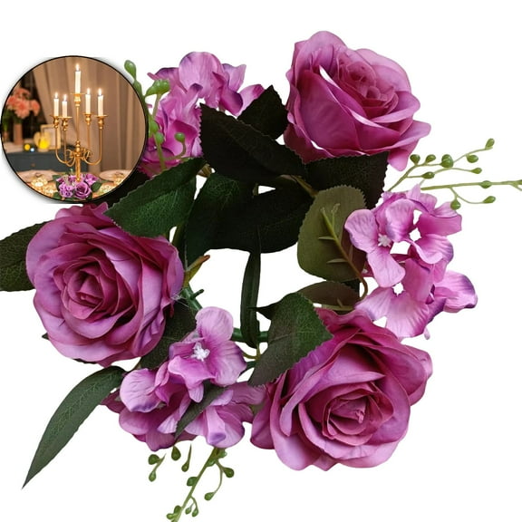 VQPeo Artificial Rose Candle Ring, Floral Wedding Centerpiece Garland, Reusable Polyester Wreath for Romantic Table Settings & Party Ambiance Enhancement