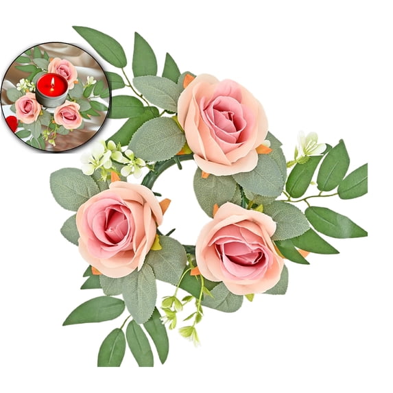VQPeo Artificial Rose Candle Ring Wreath Decorative Floral Candle Rings for Valentine Day Weddings Home Table Centerpiece Flower Arrangement
