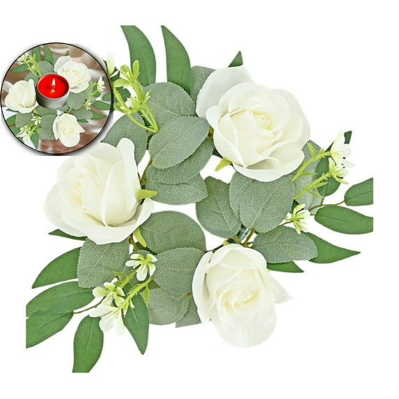 VQPeo Artificial Rose Candle Ring Wreath Decorative Floral Candle Rings for Valentine Day Weddings Home Table Centerpiece Flower Arrangement