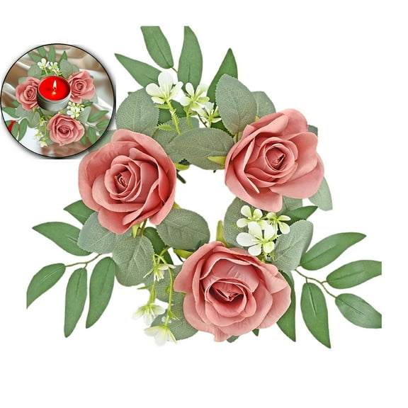 VQPeo Artificial Rose Candle Ring Wreath Decorative Floral Candle Rings for Valentine Day Weddings Home Table Centerpiece Flower Arrangement