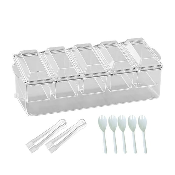 VQPeo Condiment Server on Ice, Chilled Caddy with 5 Removable Compartments, Chilled Serving Tray Container with Hinged Lid