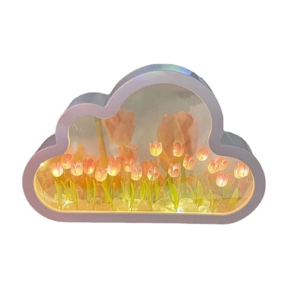 VQPeo DIY Tulip Cloud Mirror Night Light with Dimmable Warm Glow, USB Rechargeable Desk Lamp for Bedroom Vanity Decor, Cute Floral Home Accessory Gift