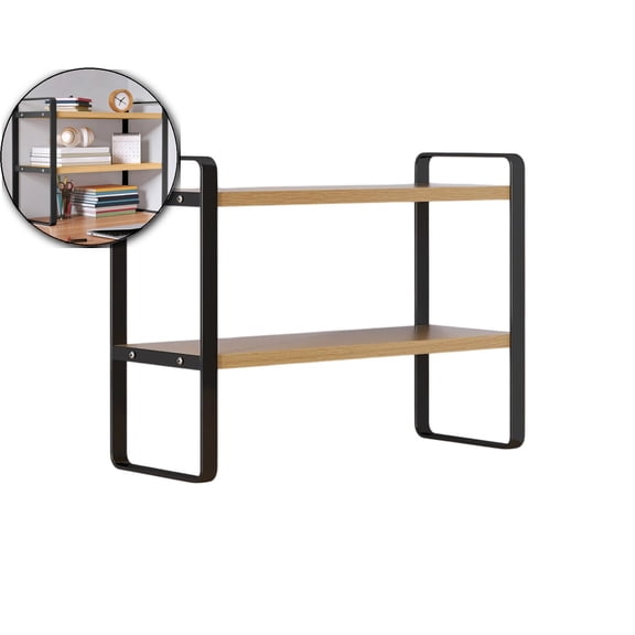 VQPeo Double-Tier Wooden Desktop Shelf, Desk Organizer Rack, Office Tiered Storage Cabinet for Room Tidying & Office Supply Management