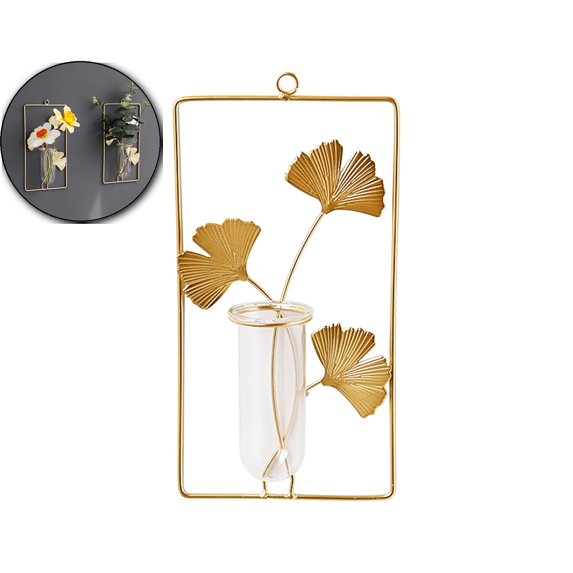 VQPeo Glass Wall Hanging Vase, Iron Art Floral Pendant, Ginkgo Hydroponic Decor for Home Living Room and Restaurant Wall