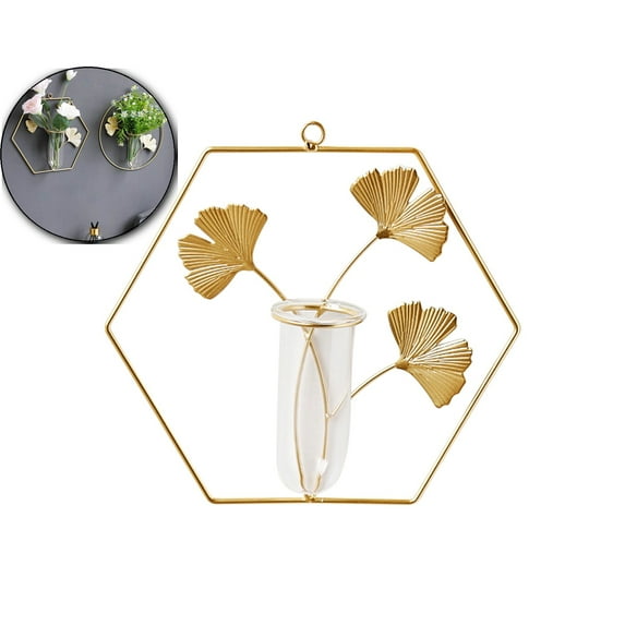 VQPeo Glass Wall Hanging Vase, Iron Art Floral Pendant, Ginkgo Hydroponic Decor for Home Living Room and Restaurant Wall
