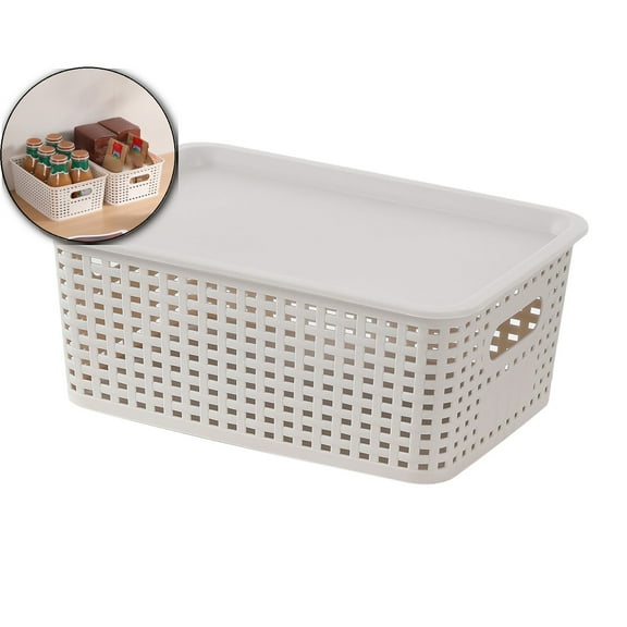 VQPeo Hollow Storage Basket, Space Saving Stackable Organizing Basket, Long Lasting Weave Storage Organizer Baskets, Multipurpose Weaving Wicker Basket for Desktop Cabinet Bedroom