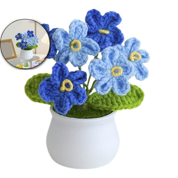 VQPeo Knitting Crochet Flowers Potted Plants, Fake Forget Me Not Flowers for Friends, Family and Lover, Artificial Handmade Flowers for Birthday Wedding Gift and Home Decor